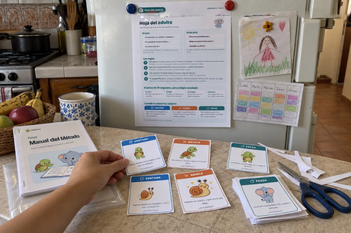 La Hoja del adulto en el refri, las tarjetas recortadas y el Manual del Método impreso