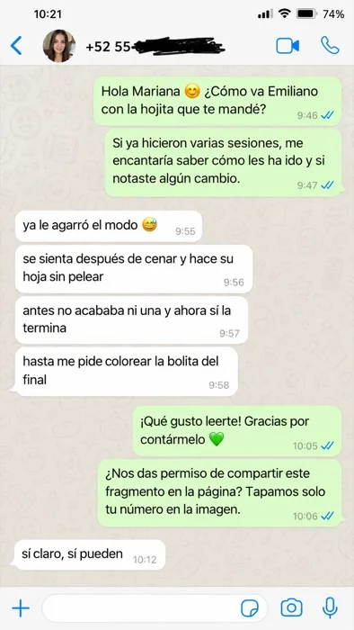 Mensaje de WhatsApp de una familia: antes no acababa ni una; ahora termina su hoja sin pelear
