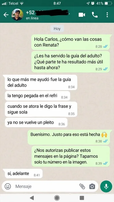Mensaje de WhatsApp de una familia: la Hoja del adulto en el refri: cuando se atora, la frase, y sigue sola