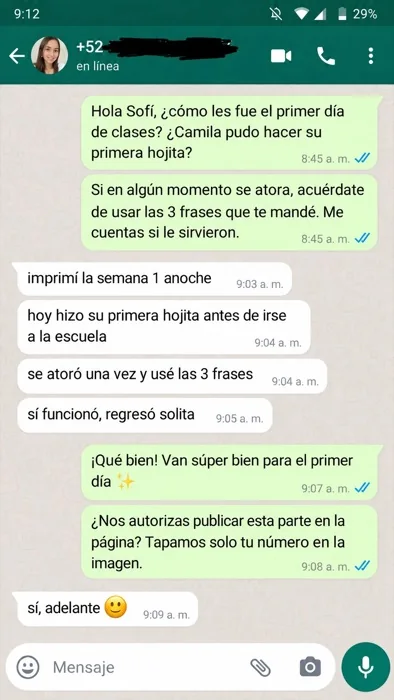 Mensaje de WhatsApp de una familia: se atoró, usó Las 3 Frases y regresó solita